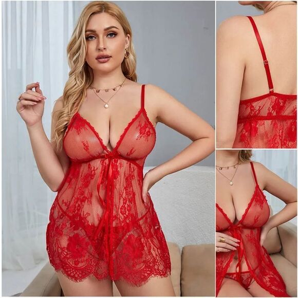 Women's Plus Size Lace Babydoll Lingerie Strappy Neligee Sheer Lace Chemise XMAS - Picture 1 of 4